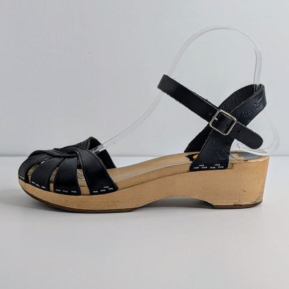 Swedish Hasbeens Shoes Cross Strap Debutant Womens EU 37 Black Leather Sandals - Picture 1 of 16